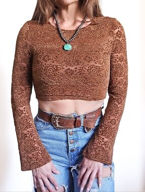 Cider Brown Lace Mesh Long Sleeve Crop Top Boho Western Bell Sleeve Size S Rust